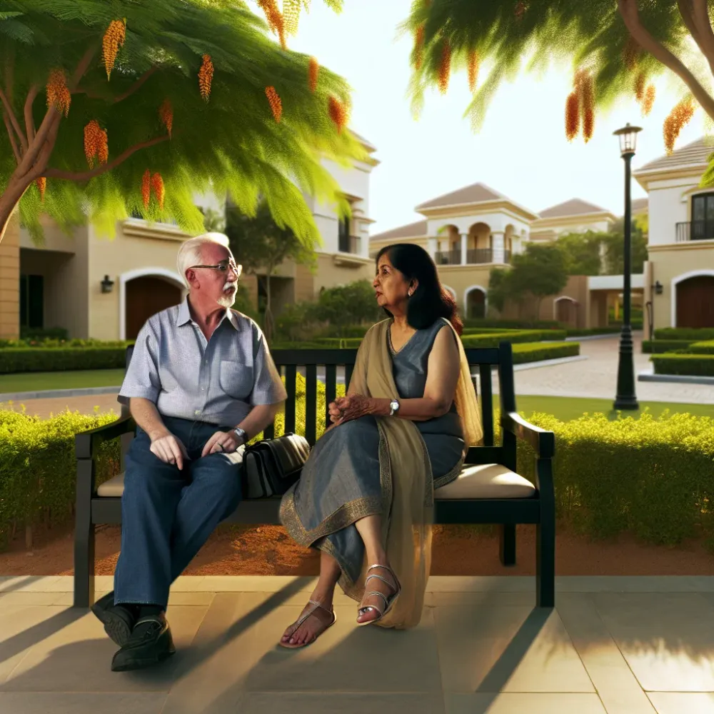 Senior couple enjoying outdoor community garden seating area in Hyderabad retirement community