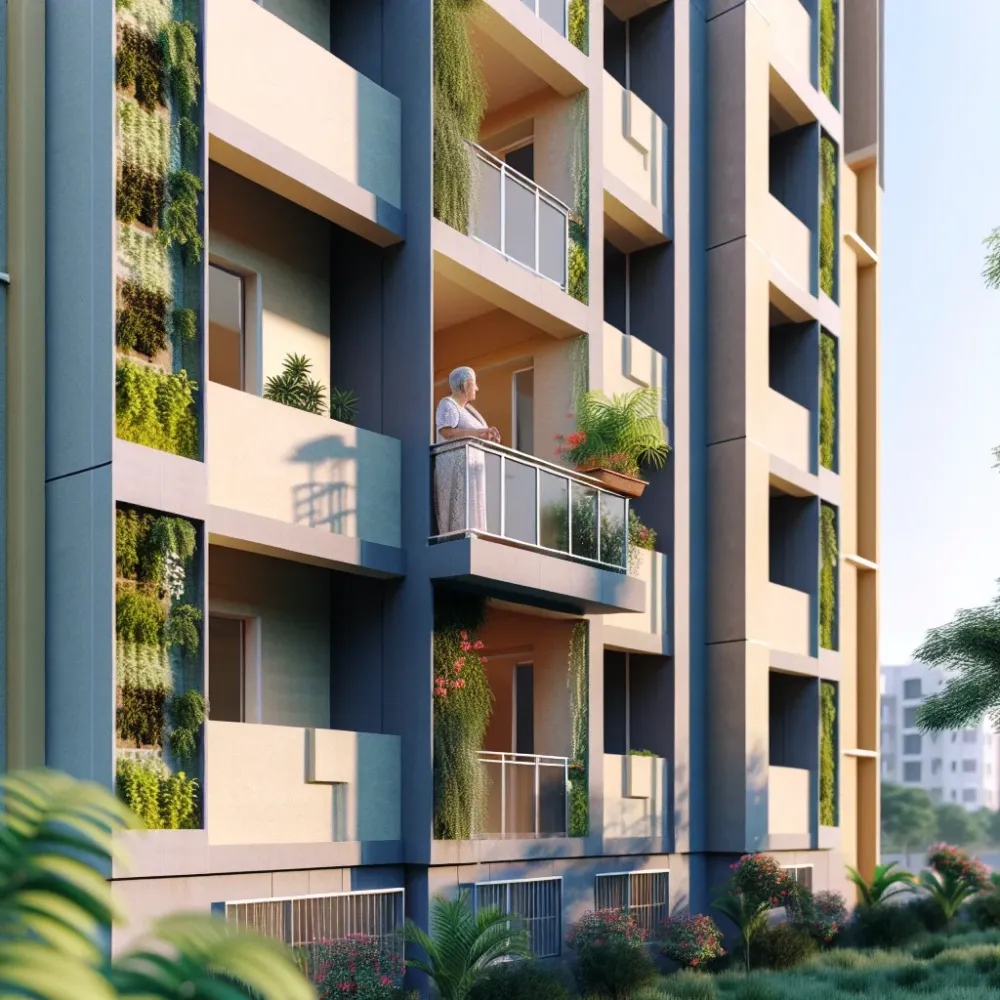 Modern senior apartment building exterior with resident on balcony in Hyderabad