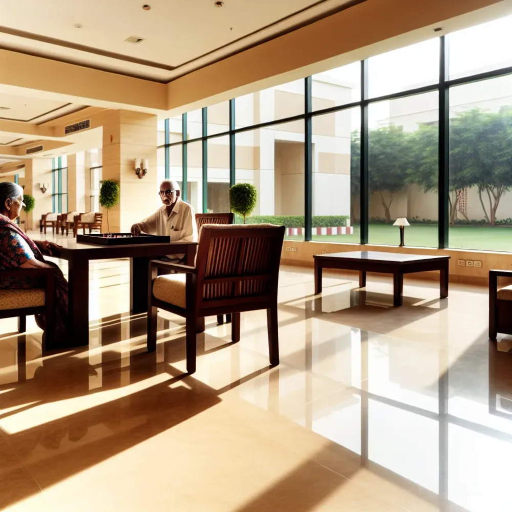 Assisted living community lounge with residents in natural light in Hyderabad