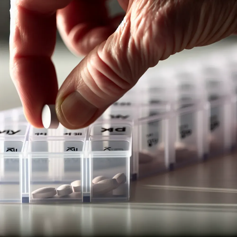 Close-up of hands sorting daily medications into pill organizer for management