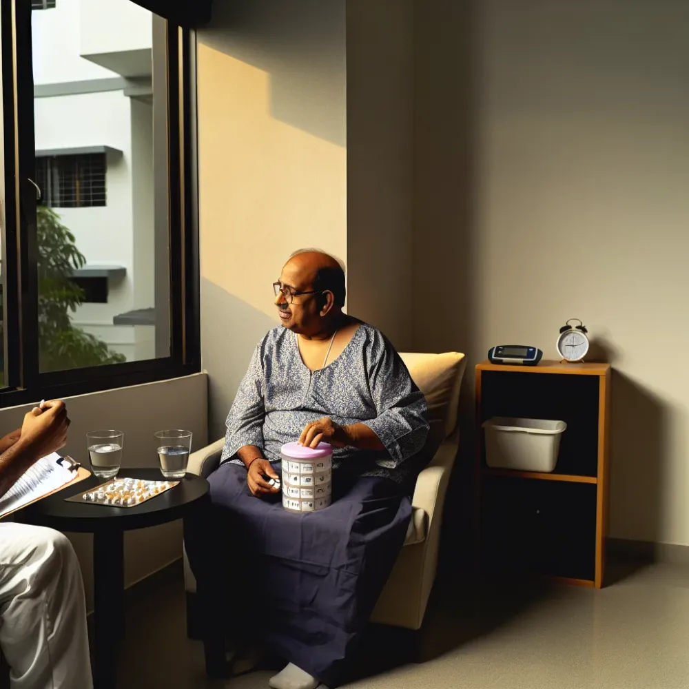 Elderly patient taking correct medication on schedule with caregiver support Hyderabad