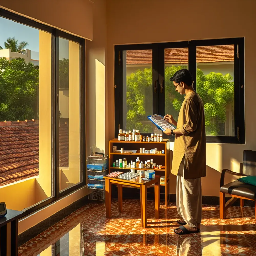 Medication management caregiver reviewing checklist in Hyderabad residential apartment setting